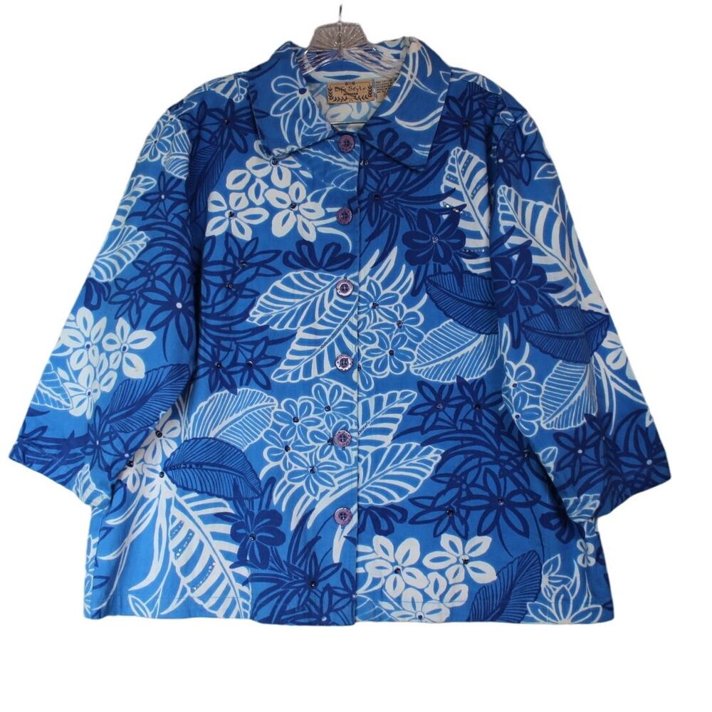 Life Style Woman 1X Blue Hawaiian 3/4 Sleeve Button Up Jacket/Top